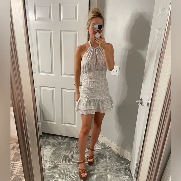Off White Dusty Blue Floral Halter Dress